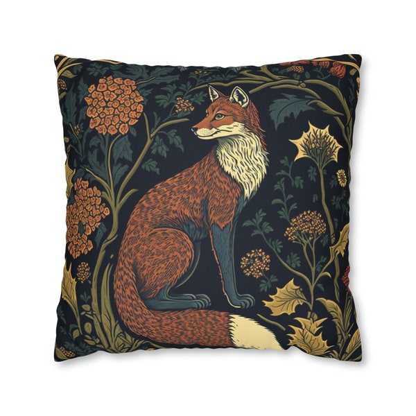 Enchanted Fox Pillow | William Morris-Inspired Forest Fox Floral Cushion Cover | Cottagecore, Forestcore Decor, Pillow Insert Not Included