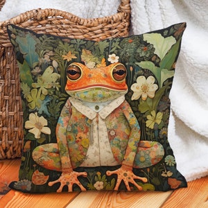 Floral Frog Pillow Inspired William Morris, Vintage Art Nouveau, Housewarming Gift, Green Tones with flowers, Unique Gift for Him, Case Only
