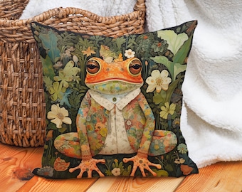 Floral Frog Pillow Inspired William Morris, Vintage Art Nouveau, Housewarming Gift, Green Tones with flowers, Unique Gift for Him, Case Only