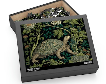 William Morris Inspired Turtle in a Forest Jigsaw Puzzle (120, 252, 500-Piece) Cottagecore, Forestcore Botanical Puzzle Game
