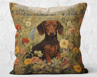 Dachshund Meadow Muse Pillow Botanical Splendor Rustic Dachshund Lover Gift, #SHP1806, Insert Included
