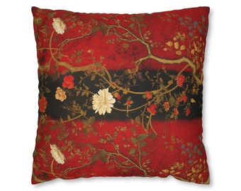 Impresionante funda de almohada de diseñador asiático, rojo carmesí dorado azul negro, funda de cojín floral rojo, regalo casero perfecto para ella, solo estuche