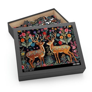 William Morris Inspired Floral Deer Jigsaw Puzzle (120, 252, 500-Piece) Cottagecore, Forestcore, Flower Botanical Puzzle Game