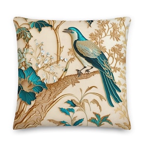 Designer Gold and Turquoise Chinoiserie Pillow with Golden Bird Floral Asian Decor - Perfect for Living Room or Bedroom | Insert Included