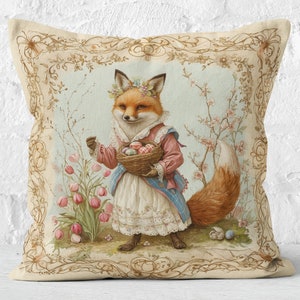 Tulip Tail Pillow Easter Fox in Bloom Cushion, Vintage Cottagecore Decor, Fox Lover Spring Gift, #SHP1962, Insert Included