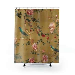 Elegant Gold Gilded Blue Birds Shower Curtain | Asian-Inspired Design | Luxurious Bathroom Decor | 71" x 74"