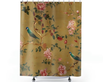 Elegant Gold Gilded Blue Birds Shower Curtain | Asian-Inspired Design | Luxurious Bathroom Decor | 71" x 74"