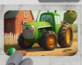 Cartoon Tractor Bath Mat | Microfiber Memory Foam | Farmhouse Tractor Bath Mat | Kids Bathroom Mat • Nursery Bathroom Mat