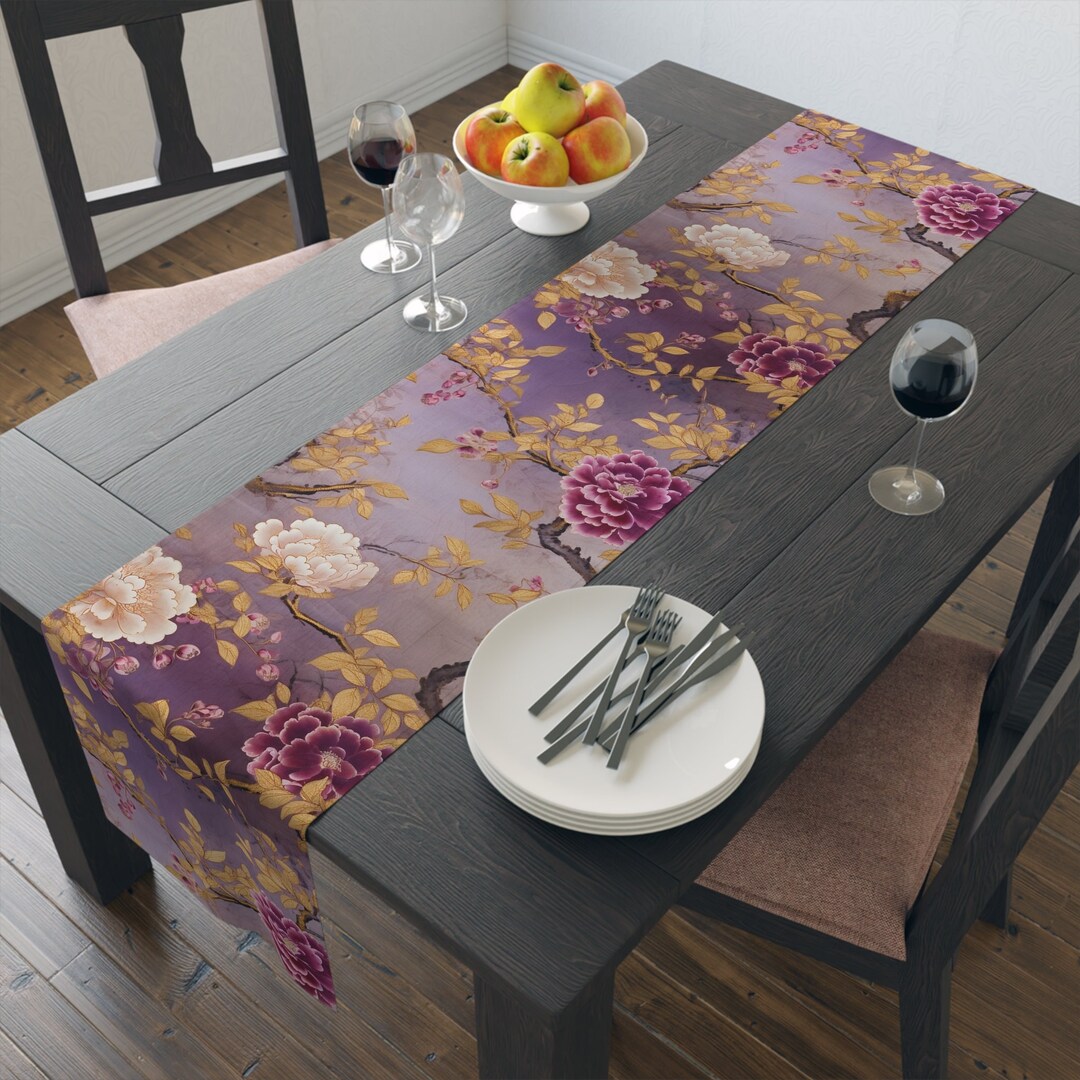 Purple Asian Themed Table Runner, White Flowers, Golden Accents