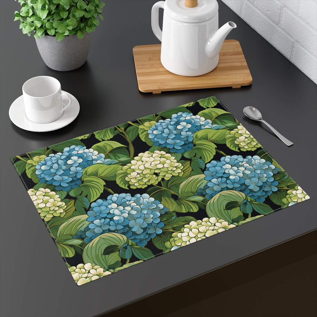 Blue Hydrangea Placemat Olive Green Floral Design Dining Table Decor