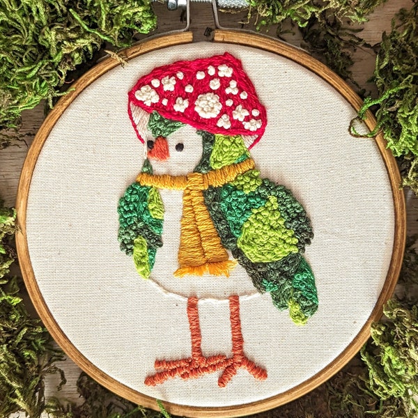 Handmade Bird Embroidery - Target Fabric Bird Inspired - Moss Covered Mushroom (Mushy) Hat 4 Inch Hoop Decoration