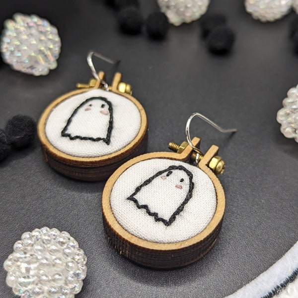 Mini Embroidery Hoop Earrings - Handmade Jewelry Tiny Cute Blushing Spoopy Ghost