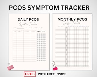 May include: Two printable pages for tracking PCOS symptoms. The first page is a daily tracker with columns for date, time, symptom, triggers, duration, and pain level. The second page is a monthly tracker with columns for symptoms and each day of the month.