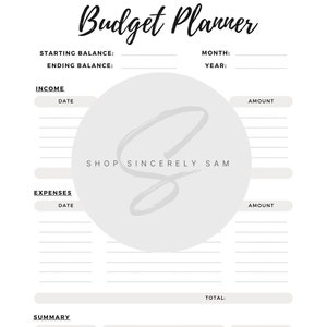 B&W Printable Monthly Budget Planner