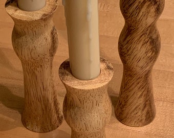 Set of three turned parota (guanacaste) wood candlesticks  (candle holders)