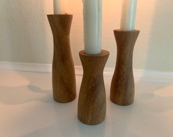 Set of three turned parota (guanacaste) wood candlesticks  (candle holders)