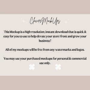 May include: Text overlay on a light brown background with a clover graphic. The text reads: "Cover MockUps. This Mockup is a high-resolution, instant download that is quick & easy for you to use to help elevate your store-front and grow your business! All of my mockups will be free from any watermarks and logos. You may use your purchased mockups for personal & commercial use only."