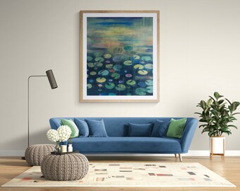 La vita tra le ninfee - Arte murale impressionista audace - Soggiorno - Blu scuro e verde