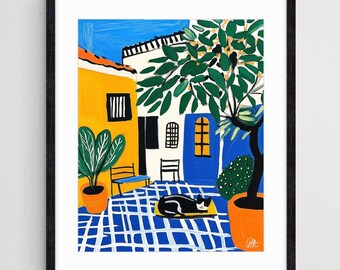 Arte costiera mediterranea colorata da scaricare - One Summer Abroad 18 - Gatto in un cortile