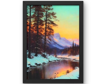 May include: A framed painting of a winter landscape with a river flowing through a snowy forest. The sky is a vibrant orange and blue, with a mountain range in the background.