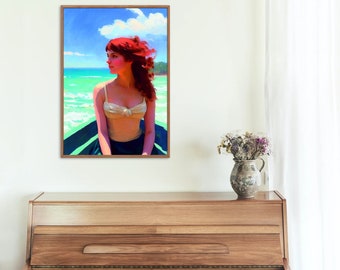 May include: A painting of a woman with red hair sitting in a green boat on a turquoise ocean. The woman is wearing a white tank top and looking to the right. The sky is blue with a white cloud.