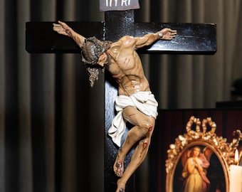 Hand-Painted Jesus Crucifix Wall Cross 21.6" – Sacred Wall Hanging Cross, Religious Jesus Wall Art, Catholic Crucifix Decor, Christian Gifts