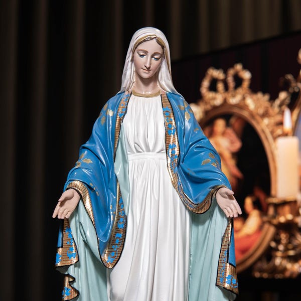 Hand-Painted Our Lady of Grace Statue With Motifs 11.8"– Virgin Mary Statue for Prayer, Mother Mary Catholic Decor, Catholic Gifts for Women