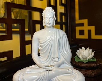 Estatua de Buda Gautama blanco sentado en Dhyana Mudra, Buda Shakyamuni meditando, decoración de Buda para el hogar, estatua de piedra polivinílica