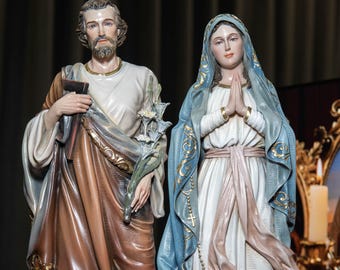 Hand-Painted Saint Joseph and Our Lady of Lourdes Statues Set–Catholic Gifts, Mother Mary Statue, Catholic Decor for Home, Religious Decor