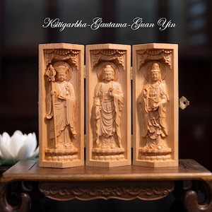 Estatua de Buda plegable portátil de madera oscura mediana - Decoración espiritual tallada única para altar - Regalos de meditación y viajes