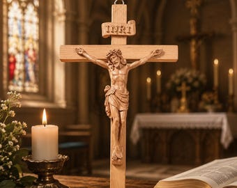 Handcrafted Wooden Crucifix Wall Cross, 17 Inch ~ Carved From Real Wood, Rooted in Old Devotion