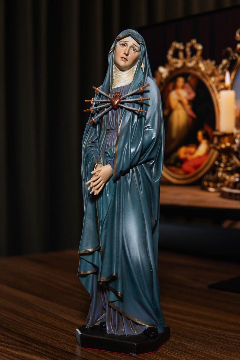 Hand-Painted Our Lady of Sorrows Statue with Seven Swords Virgin Mary Blessed Mother Statues Christian Decor Catholic Gifts for Women & Men