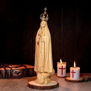 Estatua de madera de Nuestra Señora de Fátima con corona, decoración católica religiosa de tamaño natural, regalos cristianos hechos a mano, artículos para iglesias, decoración de madera