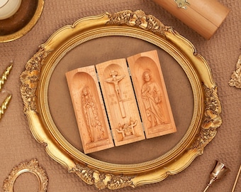 Triptych Of Virgin Mary, Jesus, and Crucifix Icon | Catholic Prayer Altar | Home Decor Christian Gift, Perfect for Christmas or Mother's Day