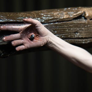 May include: A close-up of a hand with a dark wound, pierced by a dark object, possibly a nail. The hand is positioned against a rough, brown wooden beam. The background is dark.