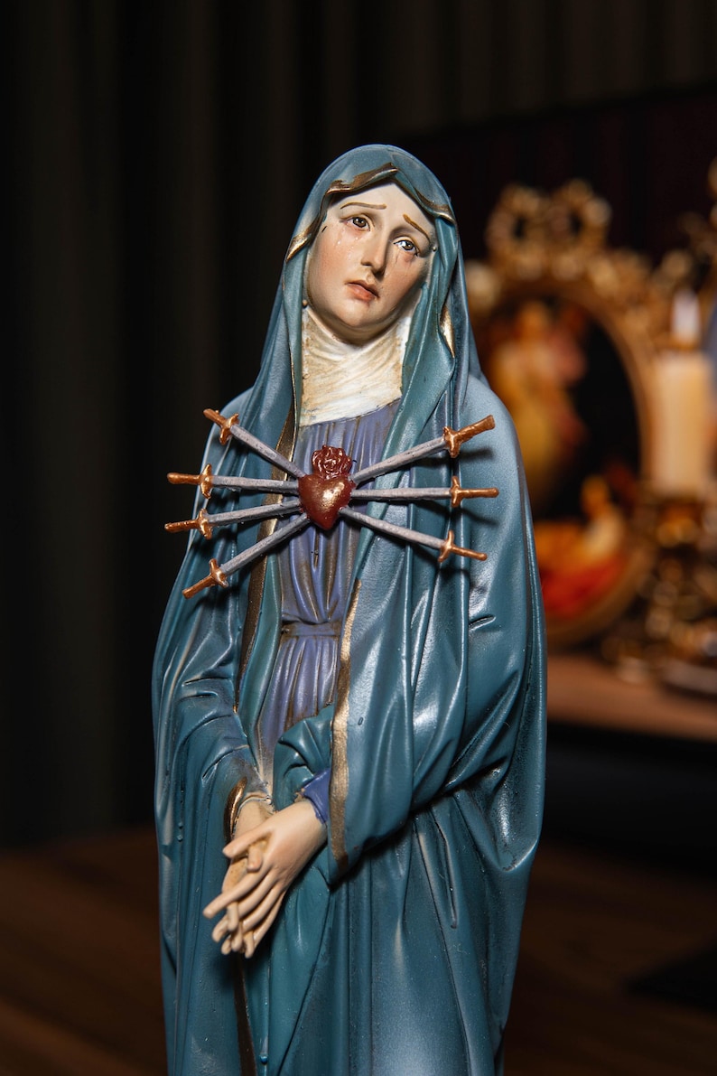 Hand-Painted Our Lady of Sorrows Statue with Seven Swords Virgin Mary Blessed Mother Statues Christian Decor Catholic Gifts for Women & Men