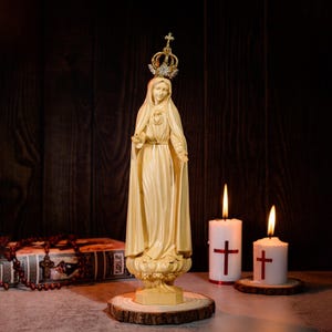 Estatua de madera de Nuestra Señora de Fátima con corona - Decoración católica religiosa, regalo de madera hecho a mano, regalo para el Día de la Madre y inauguración de la casa