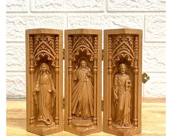 Wooden Catholic Triptych of Virgin Mary, Jesus Christ, and St. Joseph | Portable Altar | Religious Gifts | Home Decor | Perfect for Easter