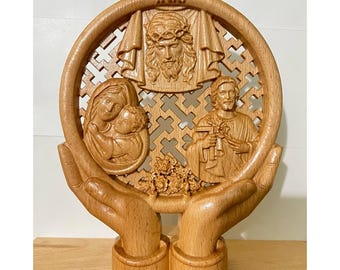 Handcrafted Catholic Wooden Table Top Decor, Jesus, Virgin Mary, St. Joseph Sculpture, Meaningful Christian Gift for Home or Prayer Space