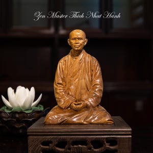 Wooden Zen Master Thich Nhat Hanh Statue, Buddhist Art Feng Shui, Buddha Statue for Home Decor