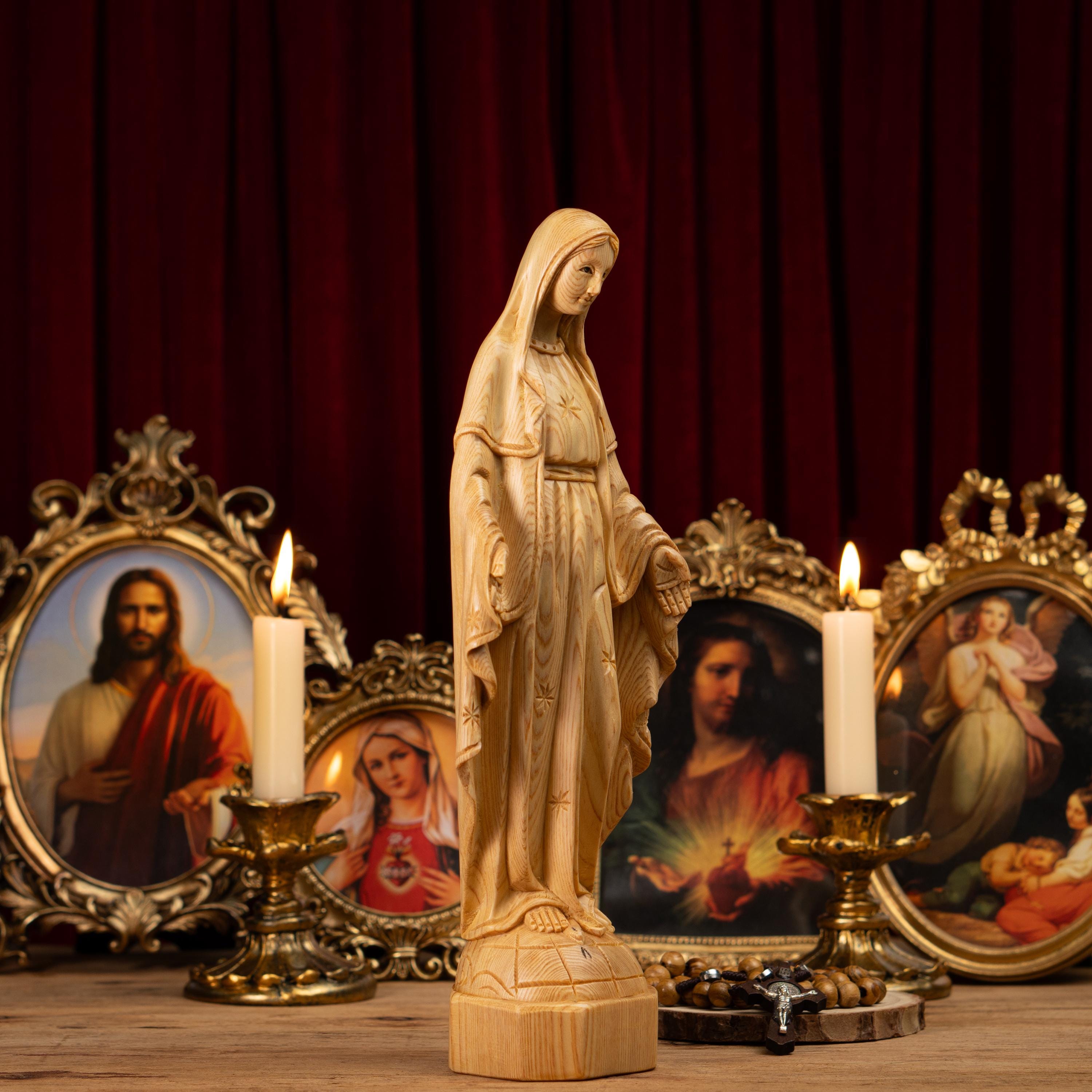 Virgin Mary Statue – Our Lady of Grace – Hand Carved Wooden Catholic ...
