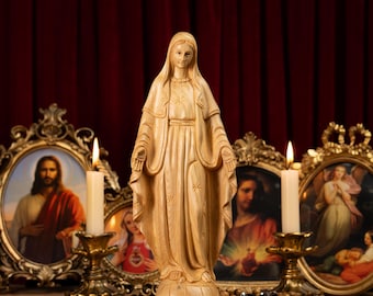 Virgin Mary Statue – Our Lady of Grace – Hand Carved Wooden Catholic Sculpture – Blessed Mother Gift – Christian Décor for Prayer Room