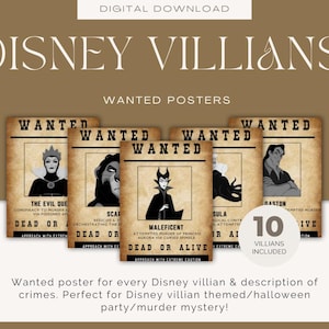 Pósters de villanos de Disney: ideas para decorar fiestas de héroes y villanos, fiestas de Halloween con temática de villanos, decoraciones de Halloween y misterio de asesinato.