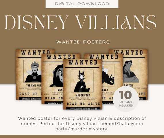 Disney Villian Wanted Posters - Heroes and Villians party decor ideas |Villian theme Halloween party |Halloween Decorations |Murder Mystery