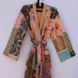 Patchwork Kantha Quilted Cotton Kimono Robe, Hand Block Printed Jacke handgefertigt