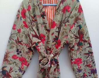 Kimono OFMD Bird Print Velvet Kimono Robe, Long Cotton Banyan