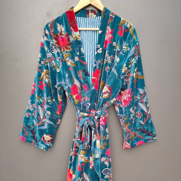 OFMD Floral Velvet Banyan Fabric Kimono Cotton Velvet Robe Long, Original OFMD break up robe Printed Kimono, robes winter robe