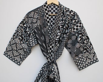Bata de kimono de algodón, batas con estampado de bloques para mujer, bata, batas de talla grande, kimono de algodón, cubierta de playa, ropa de salón, ropa casual