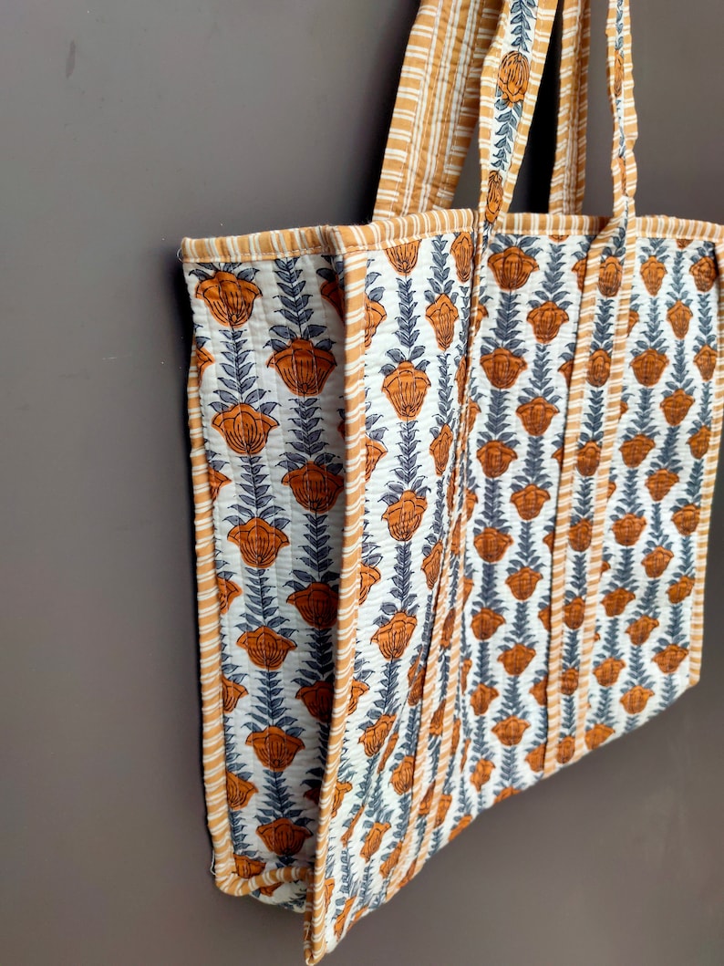 Indian Quilted Making Tote Bag, Women Shopping Totes Bag, Floral Block Print Bag Ethnic Cotton