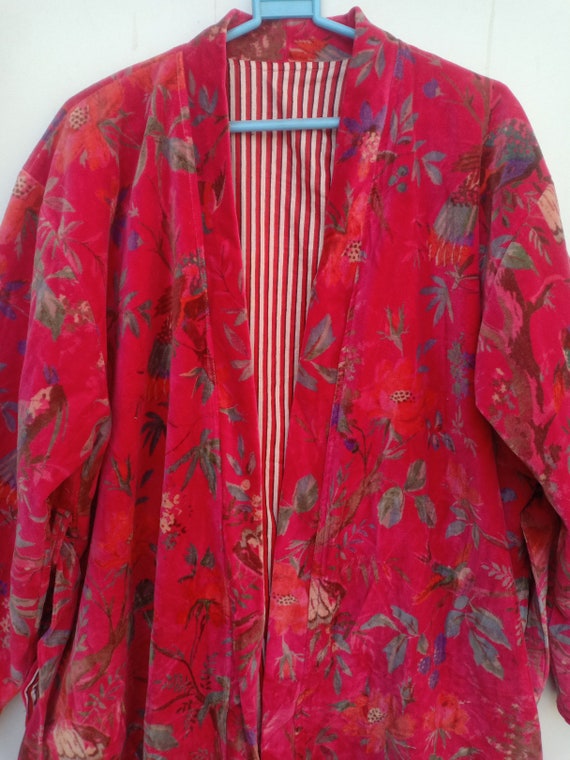 OFMD Bird Print Velvet Kimono Robe, Cotton Banyan, Long Winter Robe